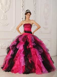 Black and Hot Pink Sweet 15 Dresses with Appliques and Ruffles