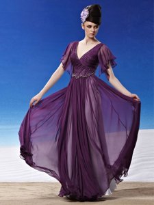 Fashionable Dark Purple Homecoming Dress Prom and Party and For with Beading and Ruching V-neck Short Sleeves Side Zipper