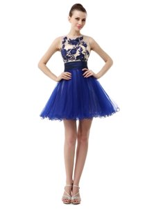 Scoop Sleeveless Prom Dress Knee Length Appliques Royal Blue Organza