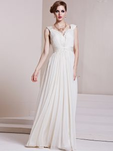 Excellent White Prom Dress Prom and Party and For with Beading and Ruching V-neck Cap Sleeves Backless