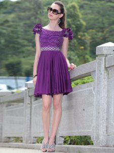 Dynamic Scoop Knee Length Zipper Prom Dress Purple and In for Prom and Party with Beading and Hand Made Flower
