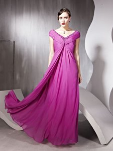 Dazzling Rose Pink Zipper Prom Gown Beading and Ruching Cap Sleeves Floor Length