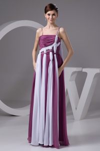 Purple and White Empire Ruched Beaded Prom Maxi Dress with Straps