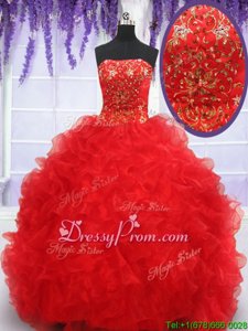 Luxurious Ball Gowns Ball Gown Prom Dress Red Strapless Organza Sleeveless Floor Length Lace Up