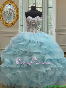 Customized Light Blue Organza Lace Up Sweetheart Sleeveless Floor Length 15th Birthday Dress Beading and Ruffles and Sequins