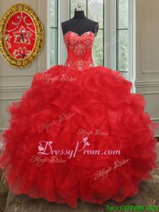 Floor Length Red 15th Birthday Dress Organza Sleeveless Spring and Summer and Fall and Winter Beading and Ruffles