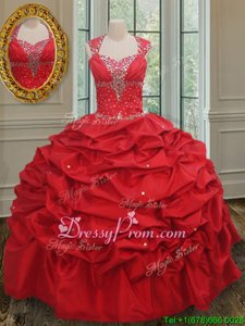 Super Straps Cap Sleeves Quinceanera Gowns Floor Length Beading and Pick Ups Red Taffeta