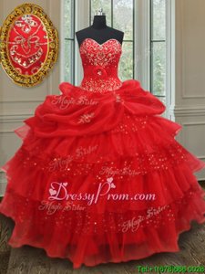 Great Red Quinceanera Gown Military Ball and Sweet 16 and Quinceanera and For withBeading and Ruffled Layers and Sequins and Pick Ups Sweetheart Sleeveless Lace Up
