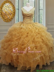 Comfortable Floor Length Gold Quinceanera Gown V-neck Sleeveless Zipper
