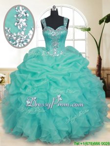 Top Selling Turquoise Ball Gowns Organza Straps Sleeveless Beading and Ruffles and Pick Ups Floor Length Zipper Quinceanera Gown