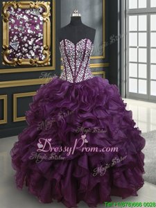 Fantastic Dark Purple Organza Lace Up 15 Quinceanera Dress Sleeveless Floor Length Beading and Ruffles