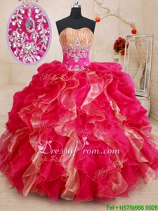 Beauteous Floor Length Red Quinceanera Dress Organza Sleeveless Spring and Summer and Fall and Winter Beading and Ruffles