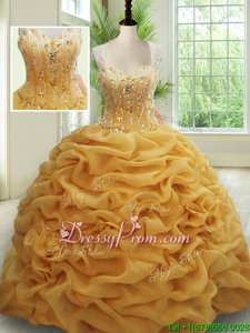 Charming Gold Sleeveless With Train Beading and Pick Ups Zipper Quinceanera Dress