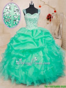 Pretty Turquoise Ball Gowns Organza Straps Sleeveless Beading and Ruffles and Pick Ups Floor Length Lace Up Quinceanera Dresses