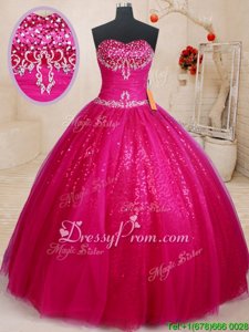 High End Fuchsia Ball Gowns Beading and Sequins Sweet 16 Dresses Lace Up Tulle Sleeveless Floor Length