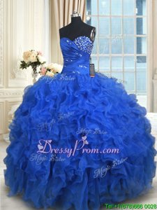 Low Price Royal Blue Ball Gowns Organza Sweetheart Sleeveless Beading and Ruffles Floor Length Lace Up 15th Birthday Dress