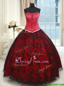 Cheap Black and Red Strapless Lace Up Lace 15 Quinceanera Dress Sleeveless