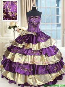 Suitable Sleeveless Floor Length Beading and Ruffled Layers Lace Up Quinceanera Gowns with Purple and Gold