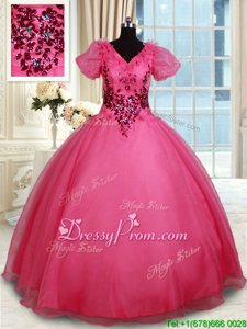 Suitable Coral Red Organza Lace Up 15 Quinceanera Dress Short Sleeves Floor Length Beading