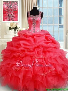 Flare Floor Length Coral Red Ball Gown Prom Dress Straps Sleeveless Zipper