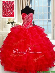 Custom Design Red Sleeveless Beading and Ruffled Layers Floor Length Quinceanera Dress