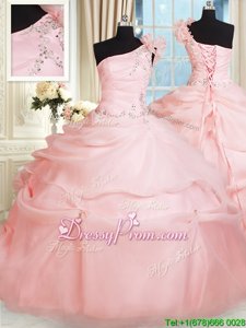 On Sale Pink Sleeveless Organza Lace Up Quinceanera Dress forMilitary Ball and Sweet 16 and Quinceanera