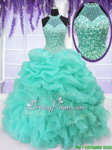 Classical Aqua Blue Halter Top Neckline Beading and Ruffles and Pick Ups 15 Quinceanera Dress Sleeveless Lace Up