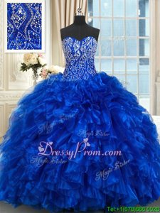 Custom Designed Organza Sweetheart Sleeveless Brush Train Lace Up Beading and Ruffles Quinceanera Gown inRoyal Blue