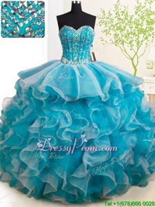 Graceful Teal Organza Lace Up Vestidos de Quinceanera Sleeveless With Brush Train Beading and Ruffles