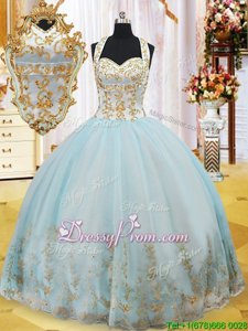 High End Light Blue Ball Gowns Organza Halter Top Sleeveless Appliques Floor Length Lace Up Sweet 16 Quinceanera Dress