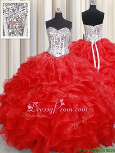 Simple Red Organza Lace Up 15th Birthday Dress Sleeveless Floor Length Beading and Ruffles