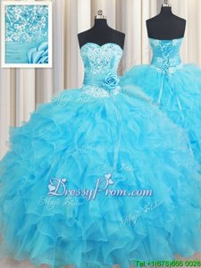 Custom Made Baby Blue Sleeveless Floor Length Beading and Ruffles and Hand Made Flower Lace Up Quinceanera Gown