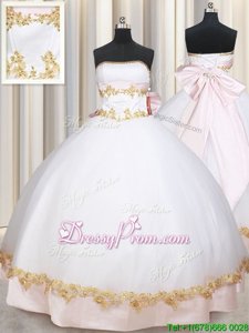 Sophisticated Strapless Sleeveless Satin Quinceanera Gowns Beading and Appliques and Bowknot Lace Up