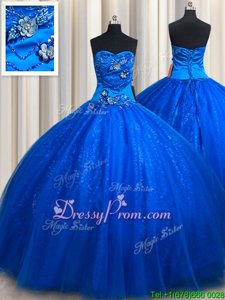 Top Selling Royal Blue Ball Gowns Sweetheart Sleeveless Tulle Floor Length Lace Up Beading and Appliques Ball Gown Prom Dress