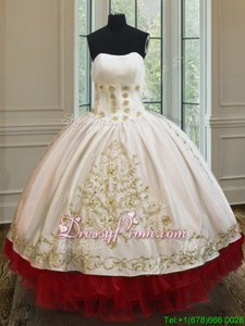 Best White and Red Ball Gowns Organza and Taffeta Strapless Sleeveless Beading and Embroidery and Ruffled Layers Floor Length Lace Up Quinceanera Gown