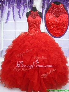 Artistic Halter Top Sleeveless Sweet 16 Dresses Floor Length Beading and Ruffles Red Organza