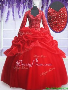 Low Price Ball Gowns Sweet 16 Dress Red Sweetheart Organza and Tulle Long Sleeves Floor Length Zipper