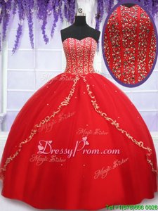 Delicate Ball Gowns Quinceanera Dress Red Sweetheart Tulle Sleeveless Floor Length Lace Up