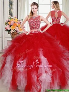Fabulous White and Red Tulle Zipper Quinceanera Dress Sleeveless Floor Length Beading and Ruffles