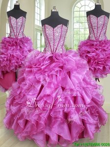 Fuchsia Ball Gowns Sweetheart Sleeveless Organza Floor Length Lace Up Beading and Ruffles Ball Gown Prom Dress