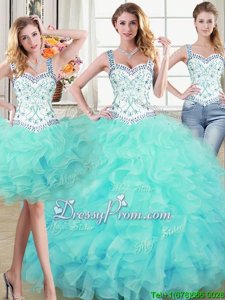 Aqua Blue Straps Neckline Beading and Lace and Ruffles Sweet 16 Quinceanera Dress Sleeveless Lace Up