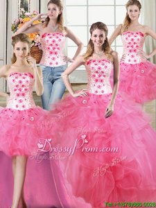 Best Selling Hot Pink Sleeveless Beading and Appliques and Ruffles Floor Length 15 Quinceanera Dress