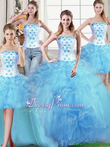 Glorious Light Blue Strapless Neckline Beading and Appliques and Ruffles Ball Gown Prom Dress Sleeveless Lace Up
