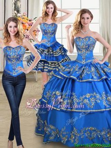Adorable Blue Taffeta Lace Up 15 Quinceanera Dress Sleeveless Floor Length Beading and Embroidery and Ruffled Layers