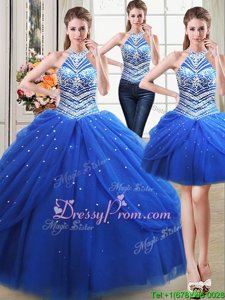 Flirting Sleeveless Floor Length Beading and Pick Ups Lace Up 15 Quinceanera Dress with Royal Blue