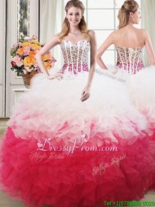 Customized Sweetheart Sleeveless Lace Up Quinceanera Gown White and Red Organza