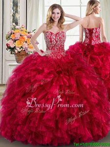 Exquisite Beading and Ruffles Sweet 16 Quinceanera Dress Red Lace Up Sleeveless Brush Train