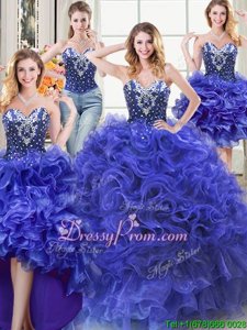 Unique Royal Blue Ball Gowns Sweetheart Sleeveless Organza Floor Length Lace Up Beading and Ruffles 15 Quinceanera Dress