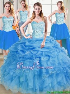 Inexpensive Blue Sleeveless Floor Length Beading and Ruffles and Pick Ups Lace Up Sweet 16 Dresses