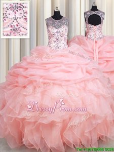 Organza Scoop Sleeveless Lace Up Beading and Ruffles and Pick Ups Quinceanera Gowns inBaby Pink